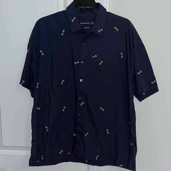 Abercrombie & Fitch embroidered dragonfly navy blue summer straight cut SS shirt - Picture 1 of 5